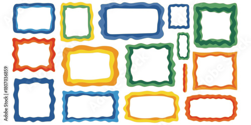 Doodle hand drawn frames with irregular uneven shapes, curved picture and painting frameworks, organic forms, colorful squares with wavy rough edges, wavy irregular rectangles