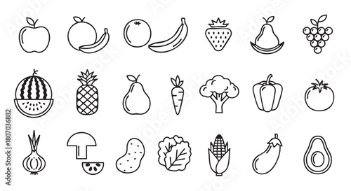 Vector fruit and vegetable icons in black and white outline style
