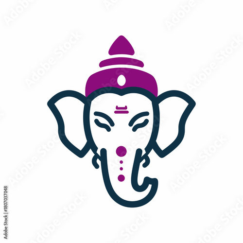 A modern, minimalist line art icon of the Hindu deity Ganesha's head, featuring a purple crown and a tilak on the forehead.