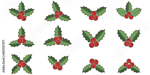 Holly berry icons set, Chritmas logo wirh holly berries - set
