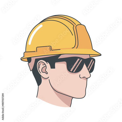 A profile illustration of a person wearing a yellow hard hat and dark sunglasses.