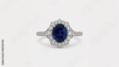 Deep blue sapphire gemstone ring in elegant setting displayed on plain white background