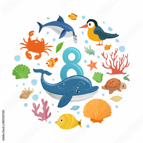 Cartoon illustration of marine life in a circular arrangement.