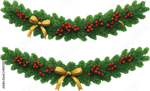 Pine Garland with Berries and Gold Bows