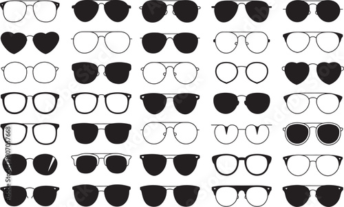 Monochrome vector collection of diverse eyeglass and sunglass frames