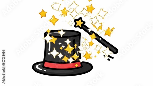 Magical top hat animation with sparkling stars and a wand, fantasy concept 2D animation