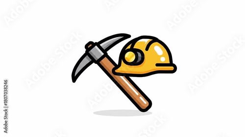 Mining Adventure Cartoon Animation: Pickaxe and Hard Hat Icons Evolving in Digital Sequence