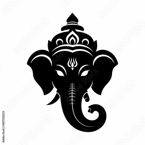 Silhouette illustration of Ganesha, the Hindu god, featuring his elephant head, tusk, and crown, isolated on a white background.
