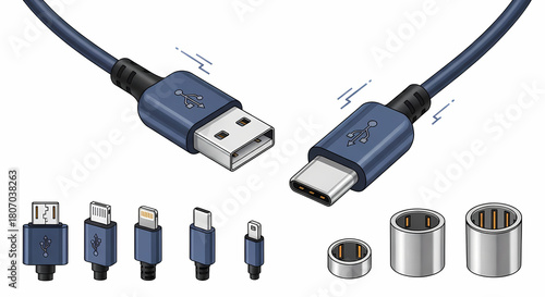 Blue usb typec cable and connectors isolated on white background