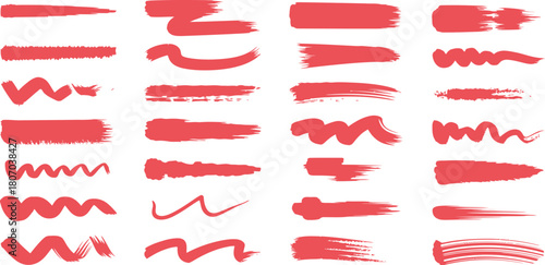 Set of artistic red paint brush strokes isolated on a white background