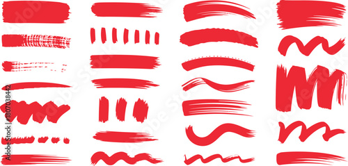 Collection of red vector paint brush strokes and artistic lines a