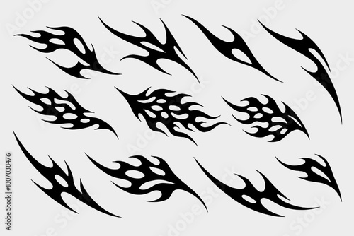 Set pack Tribal Sigilism goth Flame Tattoo Symbol with Y2K Edgy Aesthetic, Abstract Burning Fire Silhouette, High Contrast Sharp Line Ornament for Fashion Graphic, Sticker Print and Digital Art Asset