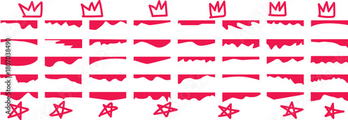 Website border, web page divider shapes. Collection of red and white dripping and jagged border elements. A graphic design resource featuring various red and white elements with dripping, jagged