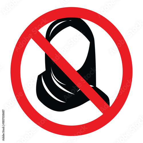 A red prohibition sign with a black hijab symbol, indicating a ban or restriction