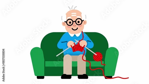 Relaxing Moments An Animated Sequence of an Elderly Man Engaged in a Knitting Hobby on the Couch