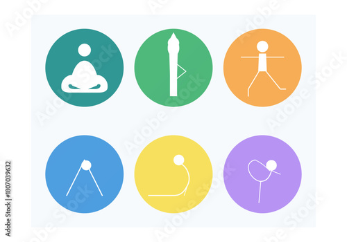 Colorful round icons featuring stick figures performing various yoga poses and meditation exercises for health and wellness