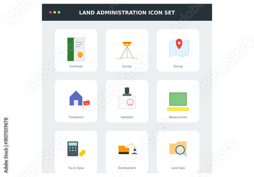 Land administration icon set featuring surveying tools property deeds and real estate zoning symbols