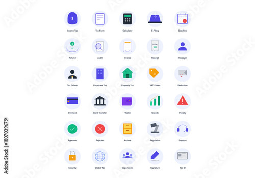 Collection of flat circular finance icons representing tax filing accounting processes and banking transactions for administrative interfaces