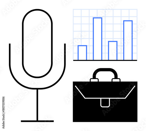 Minimalist microphone, bar graph, and briefcase representing voice communication, data analysis, and professional tools. Ideal for business, media, analytics, strategy podcasting technology