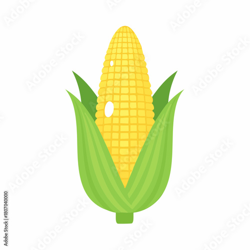 A vibrant yellow corn cob with green husks, depicted in a simple, flat graphic style on a white background.