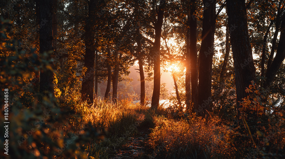 Fototapeta premium Sunlight filters through a forest, creating a scene of serenity. The warm glow of the sun casts a beautiful light on the trees and the forest floor