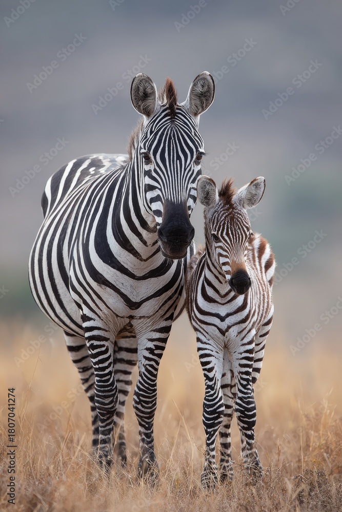 Fototapeta premium Zebra mother and calf in savanna (2)