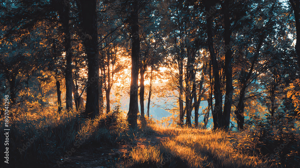 Obraz premium A captivating forest landscape with sunlight piercing through the trees. The scene is illuminated by golden light, creating a serene and mystical ambiance.