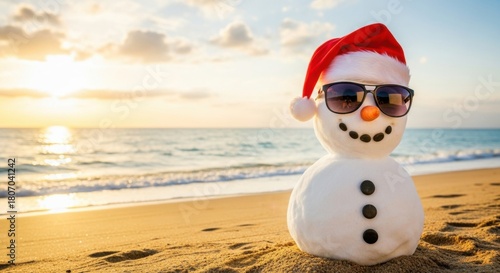 Festive snowman basking in the sun on a tropical beach at sunset