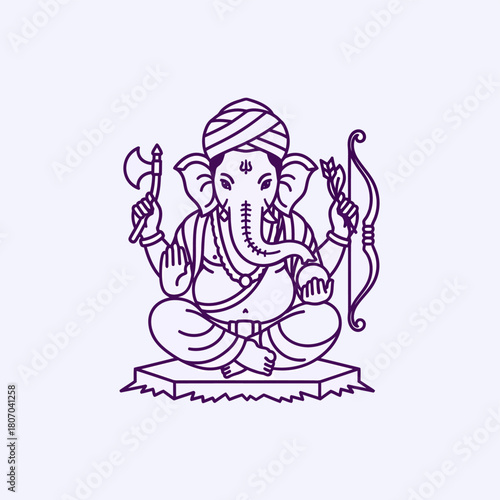 Line art illustration of Lord Ganesha sitting in a lotus position, holding an axe and bow, wearing a turban.
