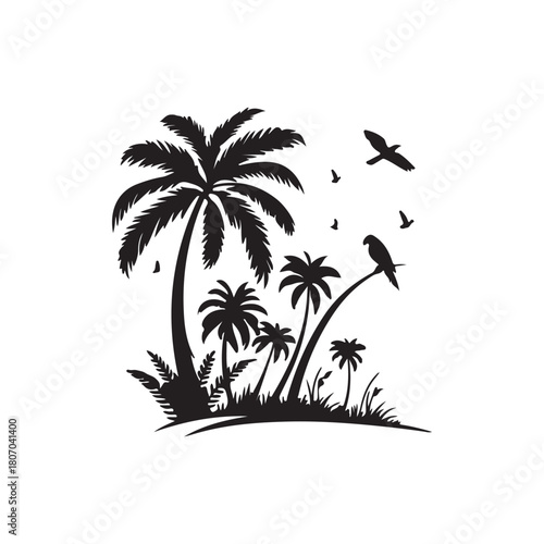 Tropical palm tree silhouettes on beach with sun and ocean vector illustration