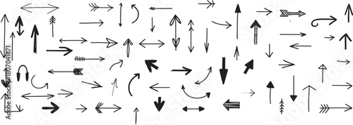 Dynamic collection of hand-drawn black and white arrow illustrations for creative graphic design projects