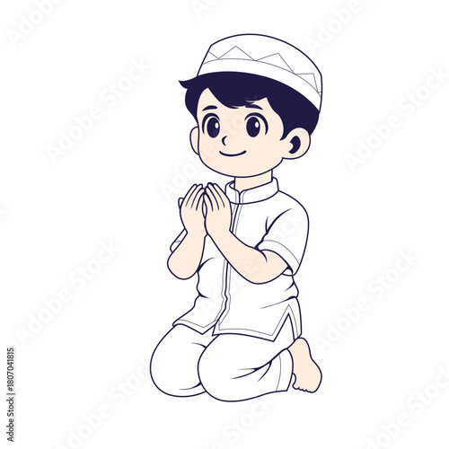 Cute Muslim Boy Praying or Greeting - Cartoon Illustration