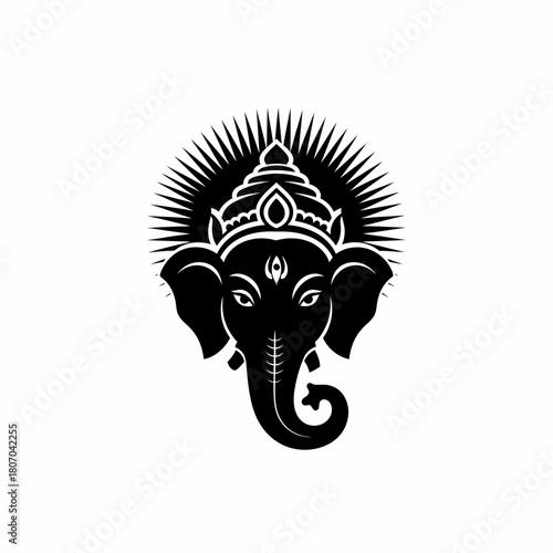 Stylized black silhouette of the Hindu deity Ganesha's head with a radiant halo.