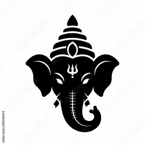 Stylized black silhouette of Hindu deity Ganesha's head with a crown and trident symbol.