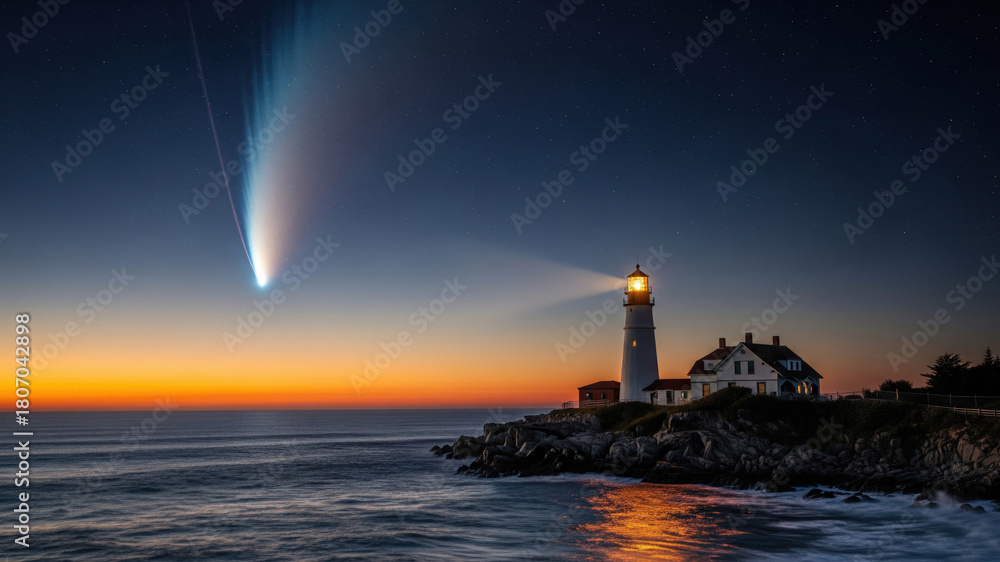Fototapeta premium Lighthouse and Coastal Buildings under Comet at Night