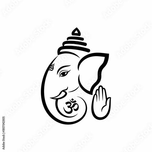 Elegant line art of Lord Ganesha, an elephant-headed Hindu god, showing his trunk, Om symbol, and a hand in a sacred mudra.