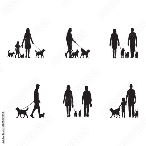 Bundle collection set design silhouettes of people with dogs