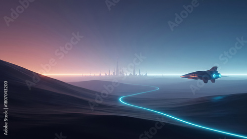 Wallpaper Mural Futuristic Cityscape, Spacecraft, and Blue Line over Landscape Torontodigital.ca