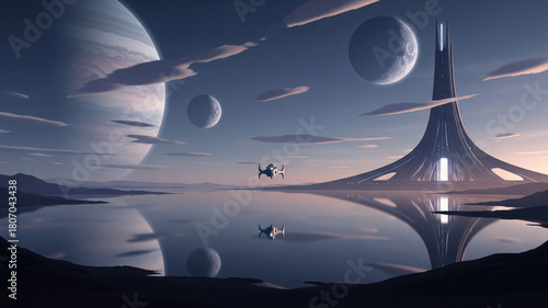 Wallpaper Mural Exoplanet Landscape with Structure, Spacecraft, and Celestial Bodies Torontodigital.ca