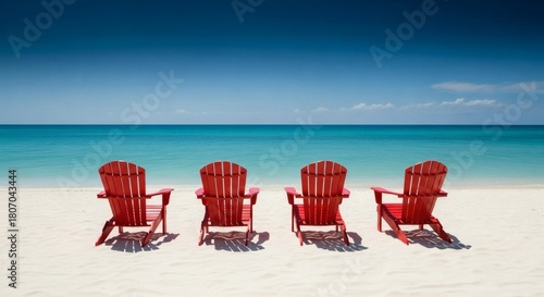 Fototapeta Naklejka Na Ścianę i Meble -  Red chairs on white sand beach Ocean with sky, and tropical bliss.