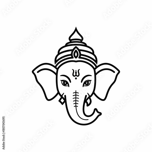 A black and white line drawing of the Hindu deity Ganesha, head and trunk visible.