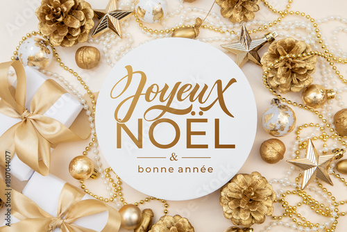 Joyeux noel and Bonee Annee. French Merry Christmas Modern calligraphy lettering on sticker for season greetings. Greeting card, frame, and banner. Holidays design.