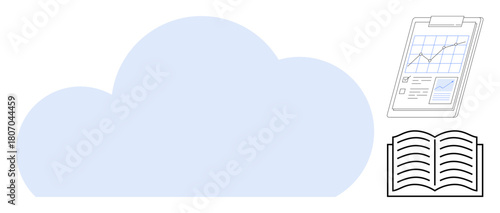Light blue cloud, clipboard with data chart, and open book. Ideal for data storage, analytics, education, knowledge sharing, cloud technology learning concepts digital transformation. Simple flat
