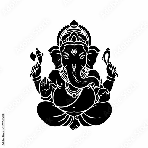 Black and white illustration of the Hindu god Ganesha, seated in a meditative pose, holding symbolic objects.
