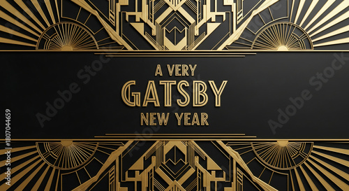 Golden art deco frame on black background, with text A Very Gatsby New Year. Representative of festive, elegant, and retro themed celebration