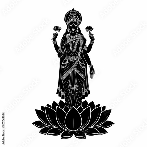Elegant black silhouette illustration of a four-armed Hindu goddess standing gracefully on a large blooming lotus flower, holding lotus blossoms.
