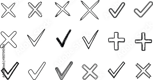 Hand drawn check marks crosses and plus signs on a white background pattern