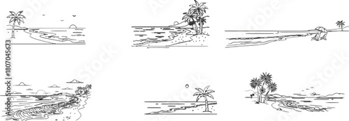 Monochrome collection of detailed hand-drawn beach landscape illustrations