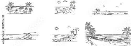 Tropical beach scene illustrations, simple line drawings for summer designs