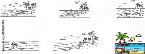 Minimalist tropical landscapes collection in linear style, various compositions